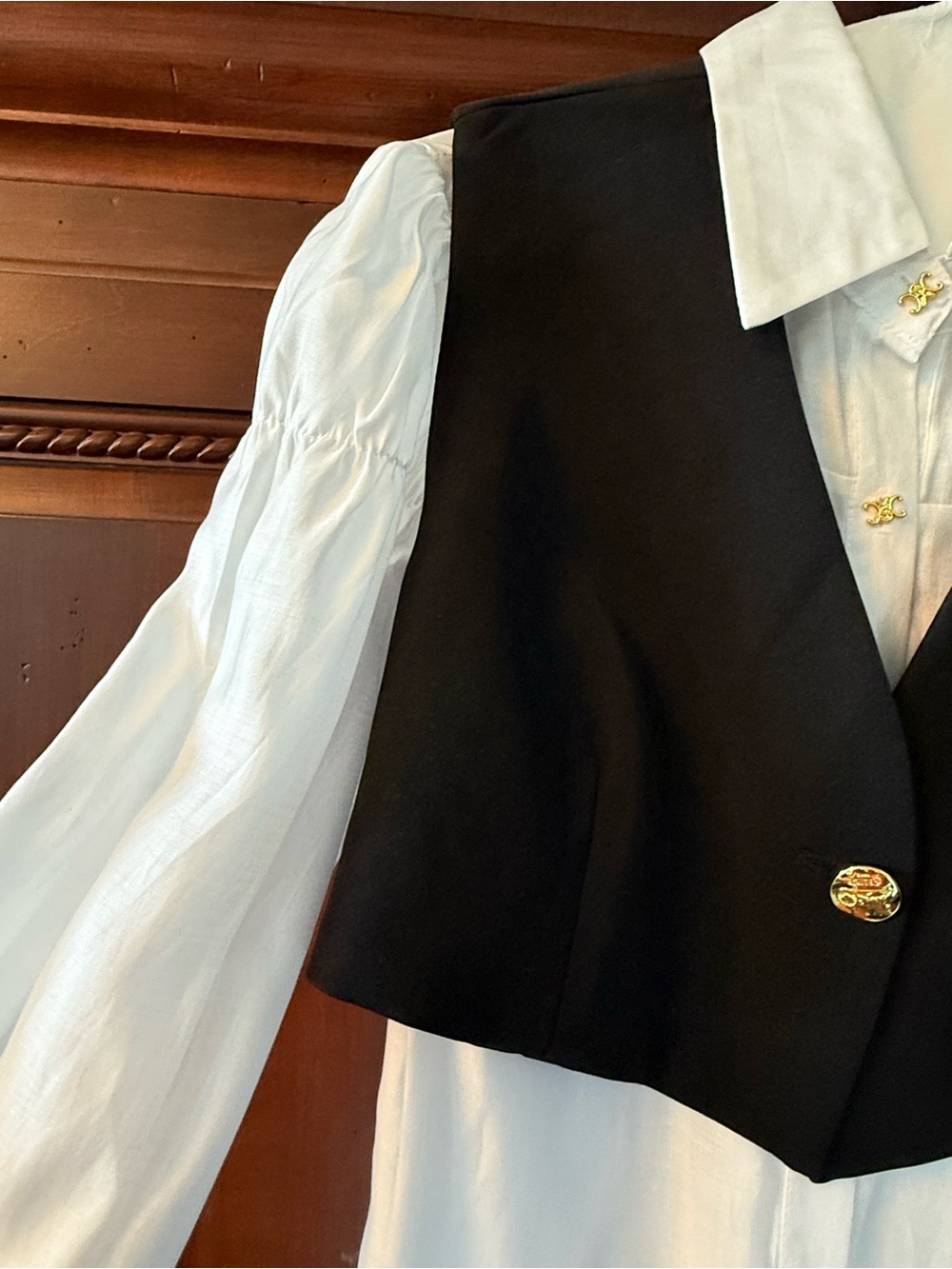 Celine White Linen Blouse with Black Crop Tie-back Vest & Gold Button - Picture 2 of 7